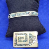 Gorgeous gift set- SILVER & ABALONE Inlay Design (Mexico) Money Clip and Bracelet