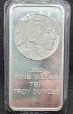 Indian head Buffalo 10 Troy Oz .999 fine silver bar