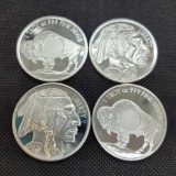 (4) 1 Troy Oz .999 fine silver Buffalo round coins