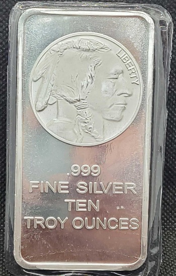 10 Troy Oz .999 fine silver Bar Indian head Buffalo