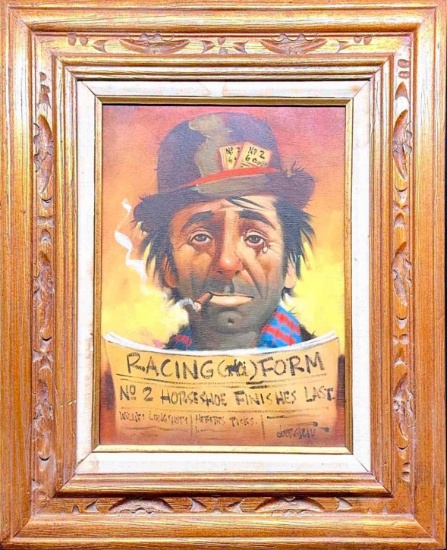 Framed Art Clown at Horse Races signed says Chuck Oberstein