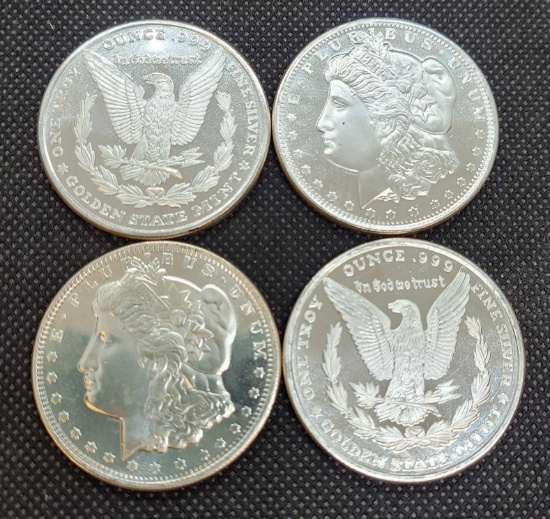 (4) 1 Troy Oz .999 fine silver Morgan round coins