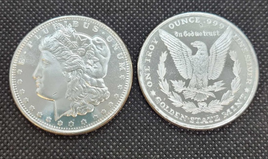 (2) 1 Troy Oz .999 fine silver Morgan round coins