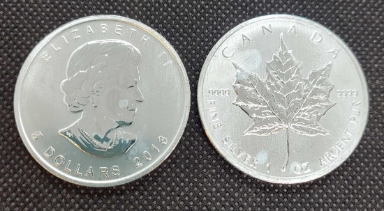 (2) 1 Troy Oz .999 fine silver Canadian 5 Dollars Round coins
