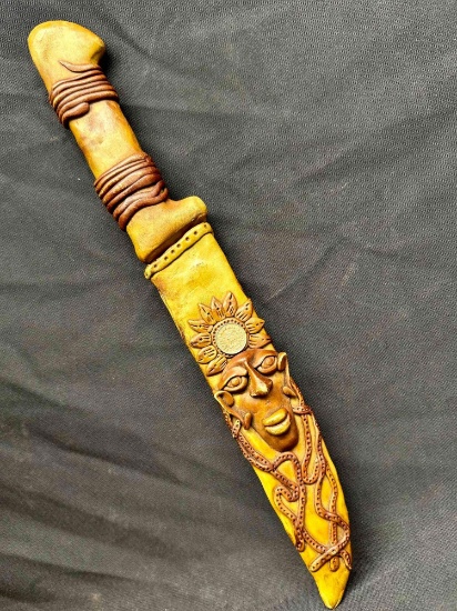 Fancy Knife with Hand Sculpted Clay Sheath and Handle Embedded Guatemala Coin