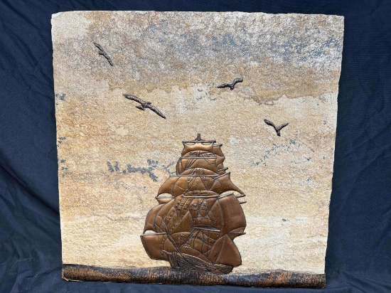 Large Heavy Stone Tile Art of Ship on Ocean Mosaic