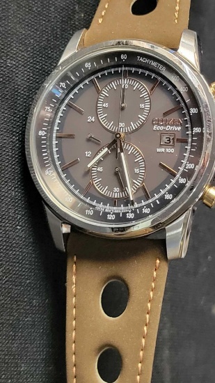 Citizen Men's Watch with Rose Gold Accents, Grey Dial Vintage Racing Strap