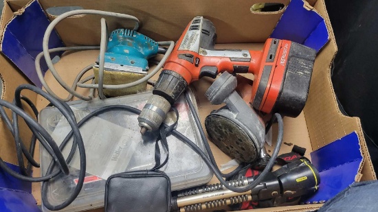 Box of Mixed Tools: Corded Sanders, Cordless Drill, Welder , Lighting