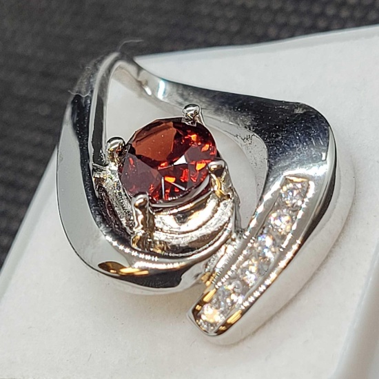 Plated Rhodium Pendant with set Garnet gemstone