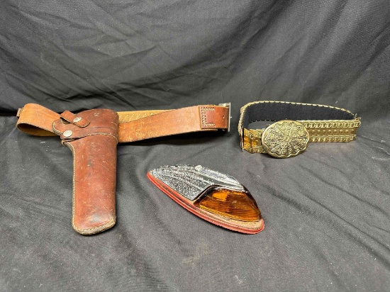 Leather Gun Holster Belt, Golden Belt, Vintage Car Light