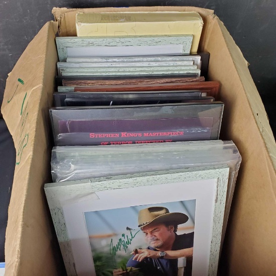 Box of framed pictures of celebrities sports stars and musicians W/signatures most W/authentication