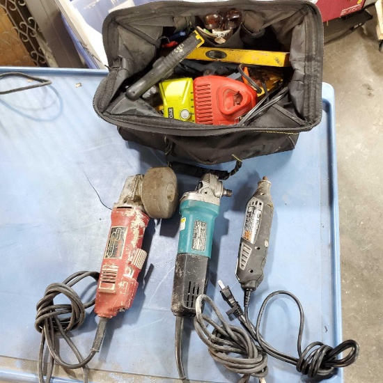 Chicago P31309 Makita 9557NB angle grinders Dremel 705 Voyager toolbag W/hand tools etc.