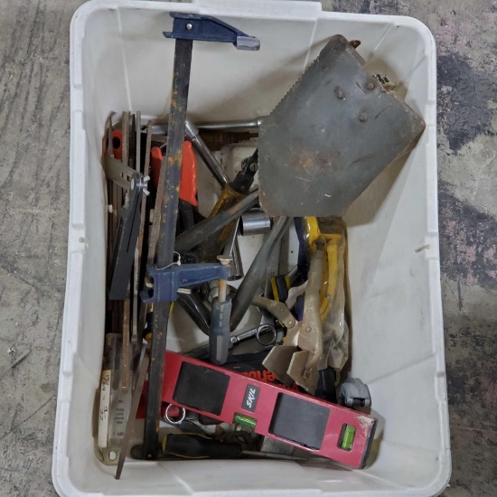 Bin of hand tools drill bits level tube cutter folding shovel etc