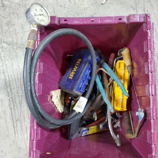 Bin of hand tools drill bits refrigeration hose/gage etc.