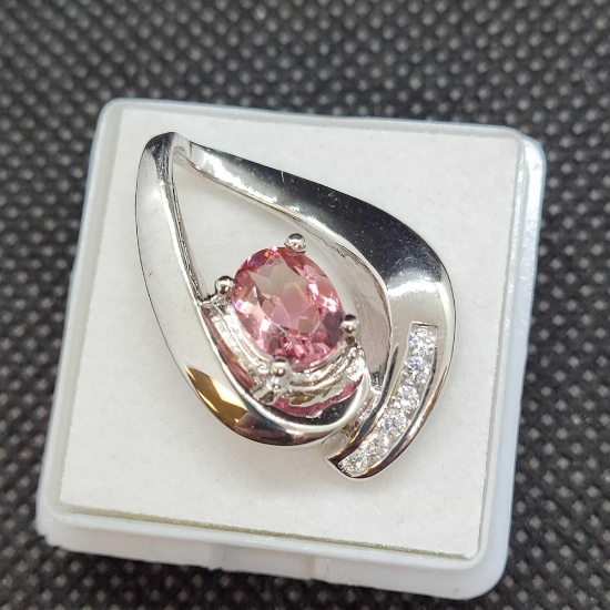 Plated Rhodium Pendant With Tourmaline Gemstone