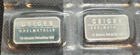 (2) Geiger Edelmetalle 10g .999 Fine Silver Bar