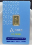 Acre 2.5g .999 Fine Gold Bar Limited Edition Mint 1