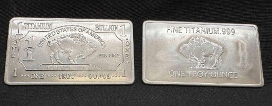 2 .999 Fine Titanium Bullion Bars 1 Troy Oz each