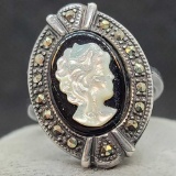 Silver 925 Cameo Ring With diamonds 5.39g Ring Size 7