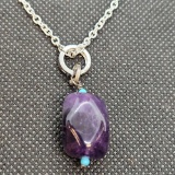 Amethyst and Turquoise Bead Pendant Silver Chain Necklace 11.35g