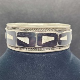 Sterling Silver Bangle Bracelet With Inlaid Onyx And Pearl Stones 52.0g