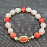 Pearl and Coral Bracelet with Gilt Clasp 18.74g