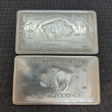 (2) 1 Troy Oz .999 Fine Titanium Buffalo Bars