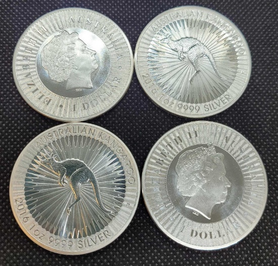 (4) 1 Troy Oz .999 Fine Silver Kangaroo Round Coins