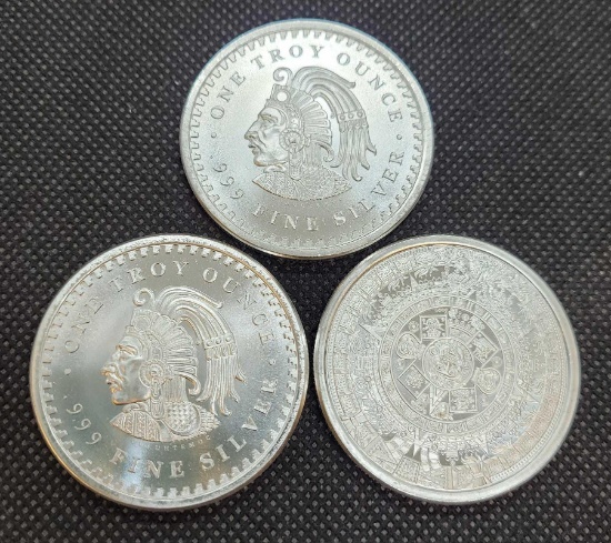 (3) 1 Troy Oz .999 Fine Silver Aztec Round Coins