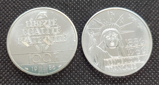 (2) 1986 France Piedfort 90% Silver Round Coins