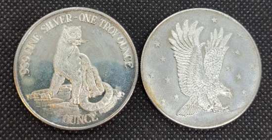 (2) 1 Troy Oz .999 Fine Silver Eagle and Lion Round Coins