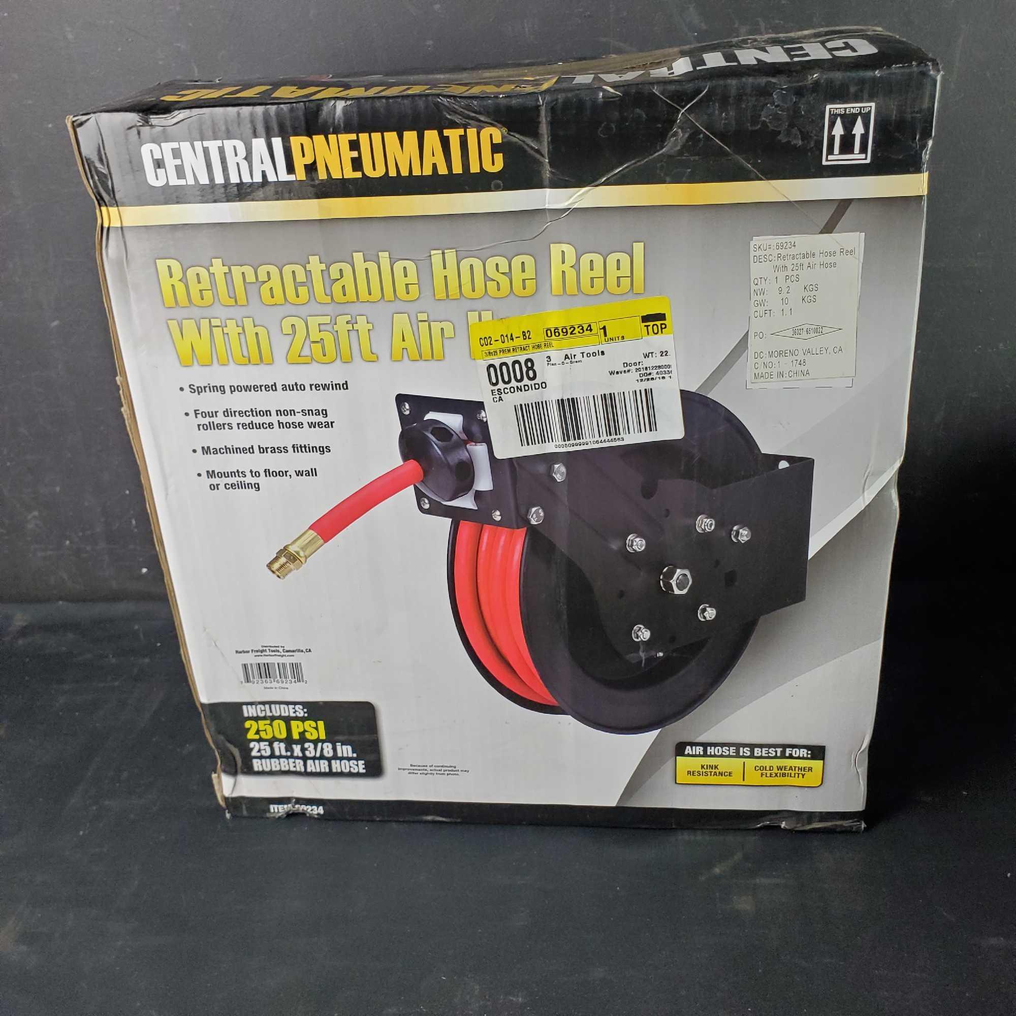 Central Pneumatic retractable hose reel with 25ft