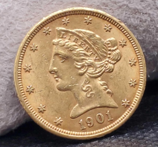 $5 Gold Liberty Half Eagle AU Gold Coin 8.36 Grams