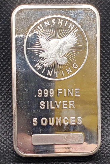 Sunshine Minting 5 Oz .999 Fine Silver Bar