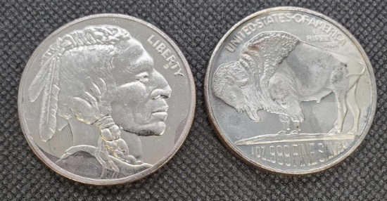 (2) 1 Troy Oz .999 Fine Silver Indian Head Buffalo Silver Coins