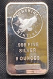 Sunshine Minting 5 Oz .999 Fine Silver Bar