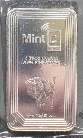 Mint ID 5 Troy Oz .999 Fine Silver Bar
