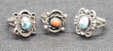 (3) Silver Turquoise Rings Blue and Red Color stone 20.95 Grams