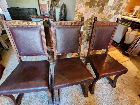 3 leather board wooden chairs