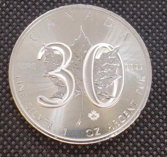 1988-2018 30 Year Anniversary Canadian Maple Leaf 1 Troy Oz .9999 Fine Silver Coin $5.00