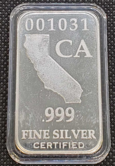 US State Silver Bar California 1 Troy Ounce .999 Fine Silver Bar