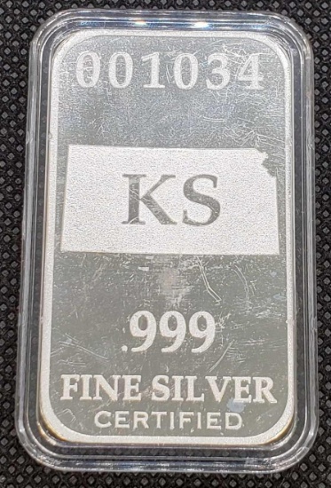 US State Silver Bar Kansas 1 Troy Oz .999 Fine Silver Bar