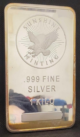 1 Kilo .999 Fine Silver Sun Shine Bar