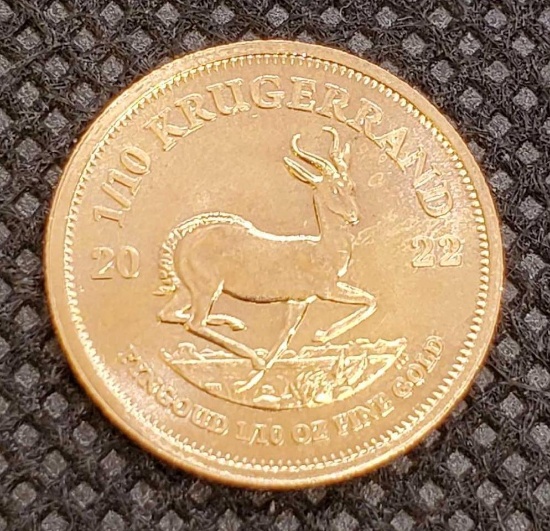 2022 1/10 Gold Krugerrand 91.67% Fine Gold Coin 3.14 Grams
