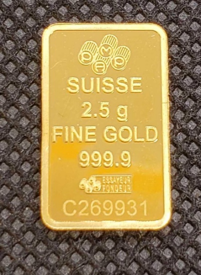 Swiss Suisse 2.5 Gram 999.9 Fine Gold Bar