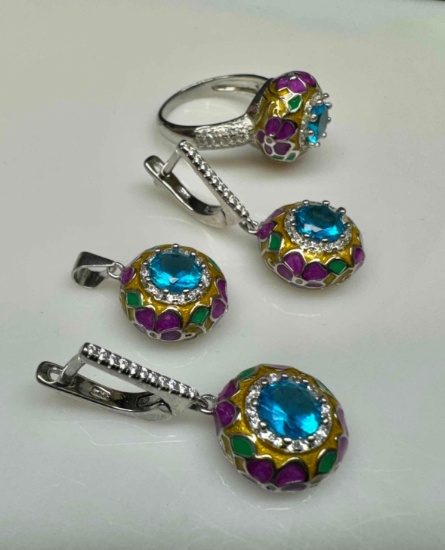 Colorful 925 Sterling Silver Jewelry Set Ring, Earrings, Pendant