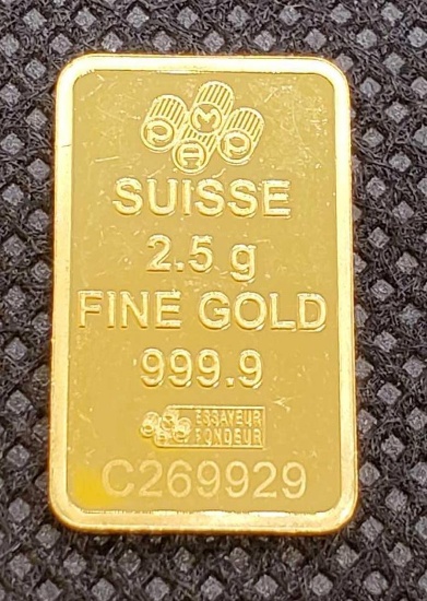 Swiss Suisse 2.5 Gram 999.9 Fine Gold Bar