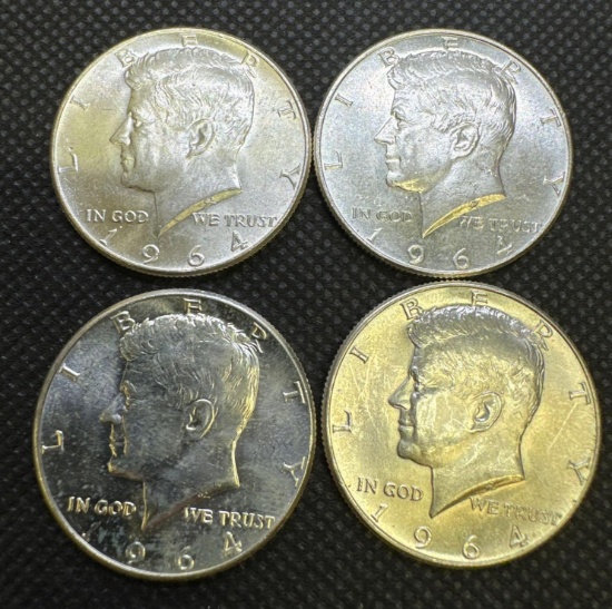 4x 1964 Kennedy Silver half dollars 90% Silver Coins 1.76 Oz