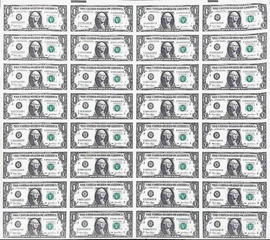 Uncut Sheet of 32 One $1 Dollar Bills United States money Banknotes $32 Face Value