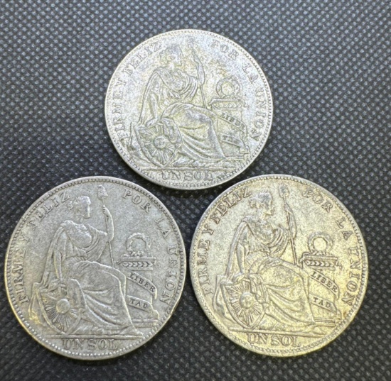 3x 1930 Peru Un Sol 50% Silver Coins 2.61 Oz